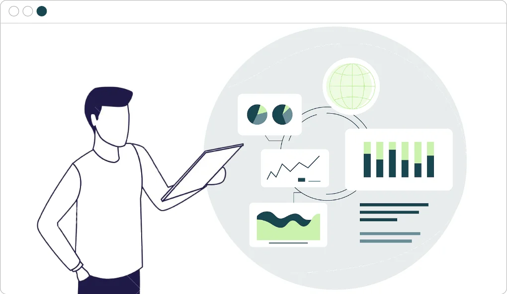Foto zeigt Avatar mit Tablet vor Grafik mit Analysen